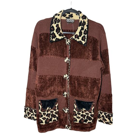 Berek Sweater Womens L Brown Animal Print Leopard Beaded Cardigan Button Vintage - Picture 2 of 16
